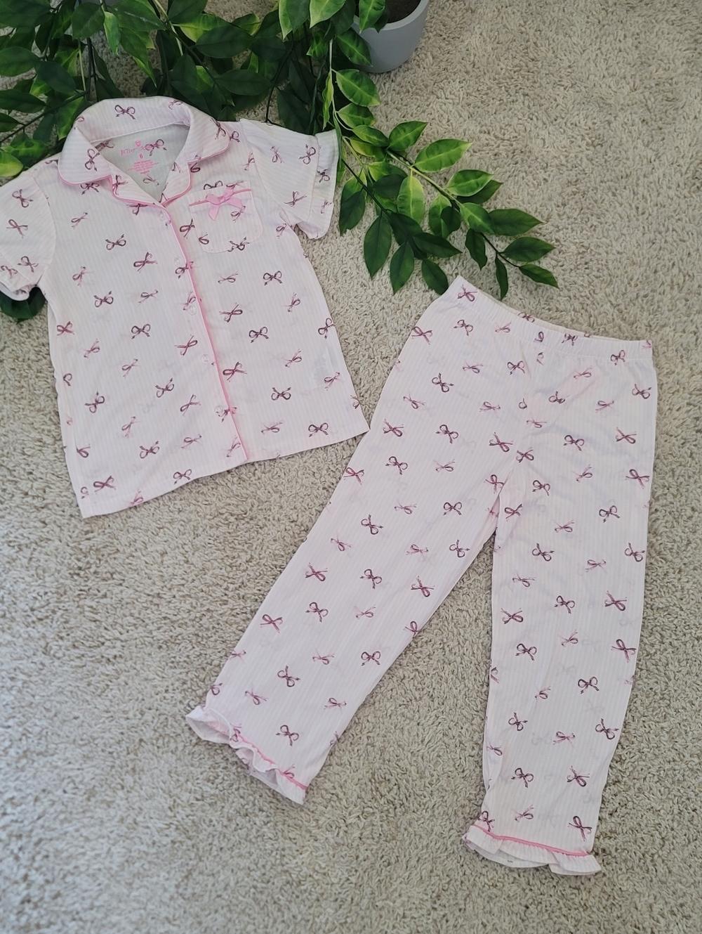 Little Girl Two Toned Pink Bow Pajamas (Size 6)
